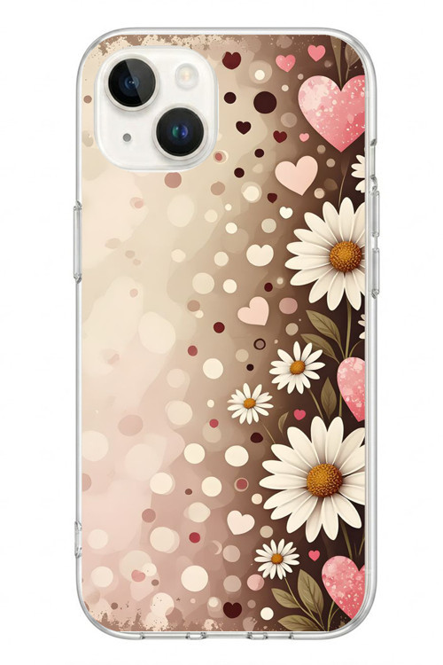 İphone 13/14 Uyumlu Kalpli Papatya Damlaları Baskılı Silikon Kılıf