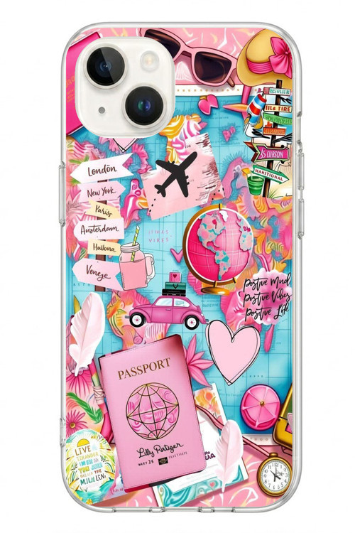 İphone 13/14 Uyumlu Pembe Seyahat Baskılı Silikon Kılıf