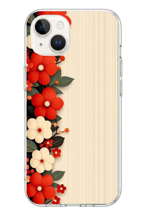 İphone 13/14 Uyumlu Kırmızı Beyaz Çiçekler Baskılı Silikon Kılıf