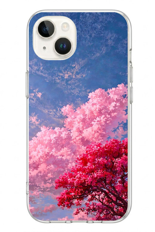 İphone 13/14 Uyumlu Kırmızı Pembe Ağaçlar Baskılı Silikon Kılıf
