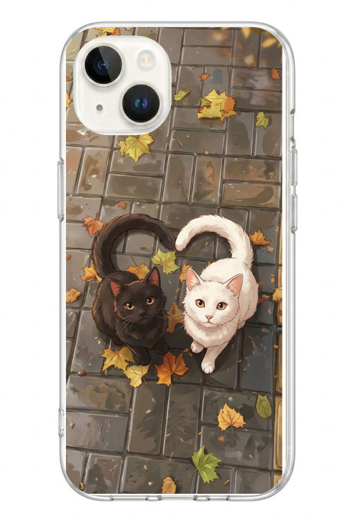İphone 13/14 Uyumlu Kalp Kuyruklu Kediler Baskılı Silikon Kılıf