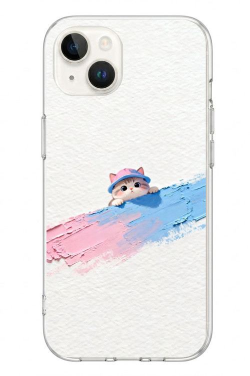 İphone 13/14 Uyumlu Pembe Mavi Kedi Baskılı Silikon Kılıf