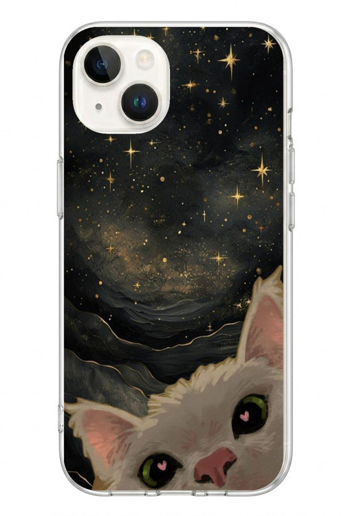 İphone 13/14 Uyumlu Siyah Gökyüzülü Kedi Baskılı Silikon Kılıf