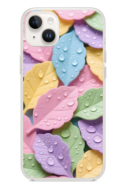 İphone 14 Plus Uyumlu Pastel Damlalıklı Yapraklar Baskılı Silikon Kılıf
