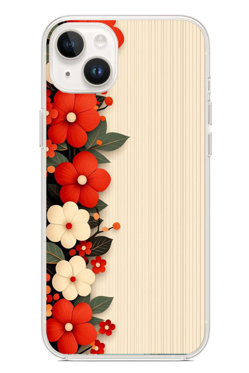 İphone 14 Plus Uyumlu Kırmızı Beyaz Çiçekler Baskılı Silikon Kılıf