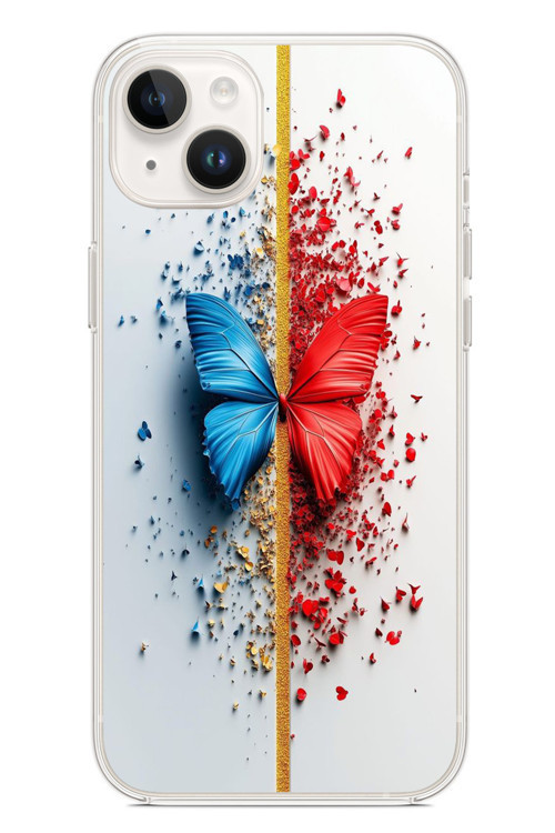 İphone 14 Plus Uyumlu Kırmızı Mavi Kelebek Baskılı Silikon Kılıf