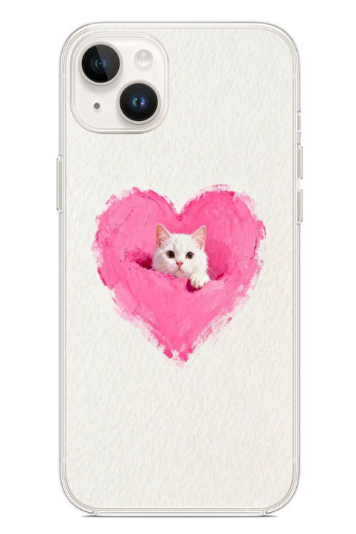 İphone 14 Plus Uyumlu Pembe Kalpli Kedi Baskılı Silikon Kılıf