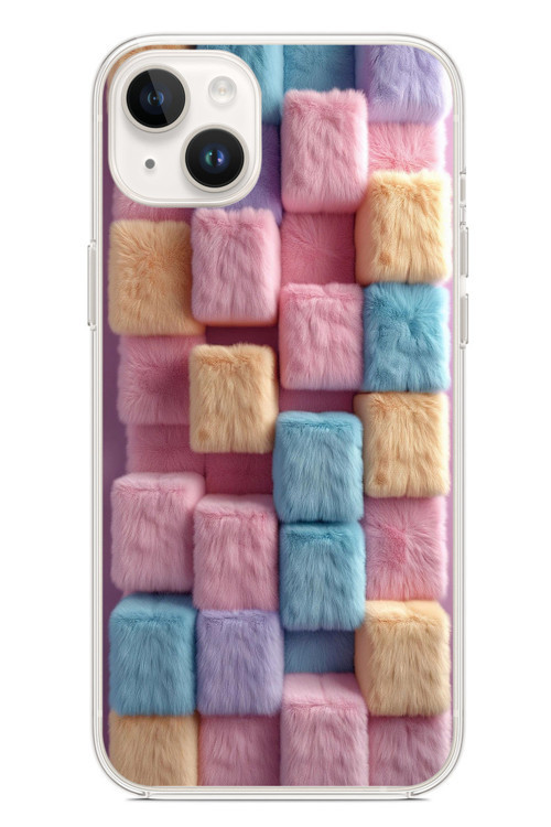 İphone 14 Plus Uyumlu Pembe Tüylü Kareler Baskılı Silikon Kılıf