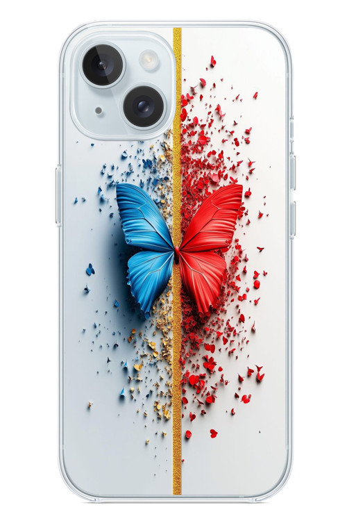 İphone 15 Uyumlu Kırmızı Mavi Kelebek Baskılı Silikon Kılıf