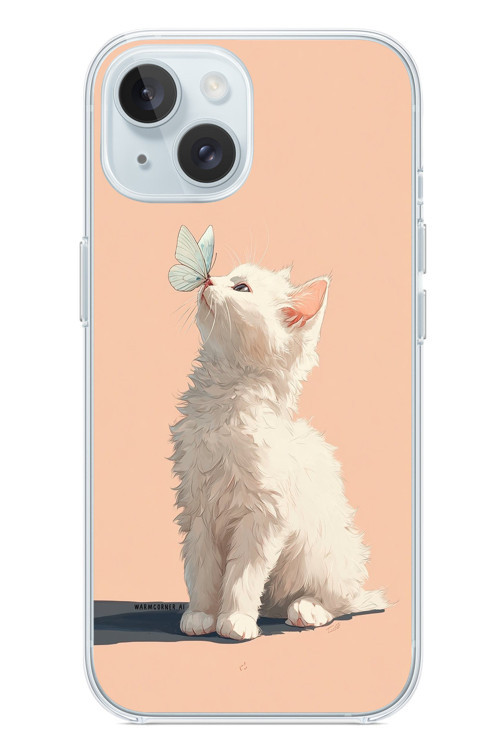 İphone 15 Uyumlu Beyaz Kelebekli Kedi Baskılı Silikon Kılıf