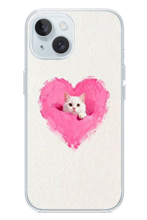 İphone 15 Uyumlu Pembe Kalpli Kedi Baskılı Silikon Kılıf