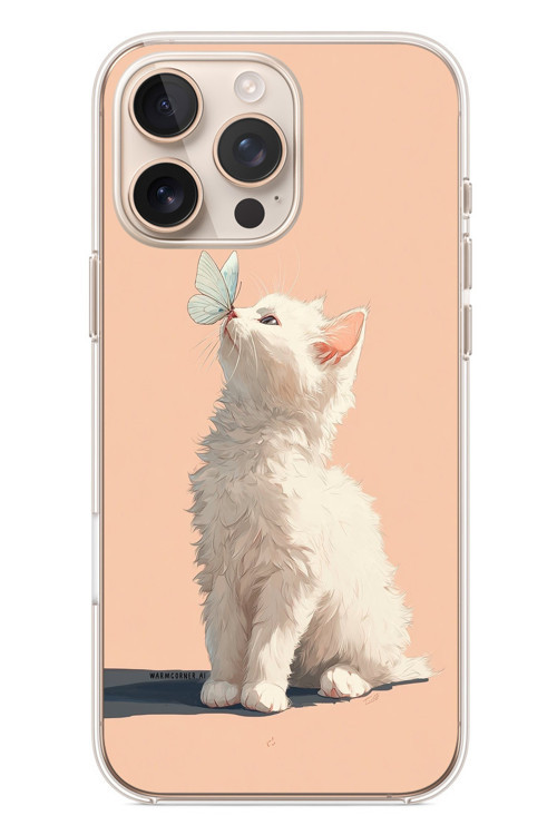 İphone 16 Pro Max Uyumlu Beyaz Kelebekli Kedi Baskılı Silikon Kılıf