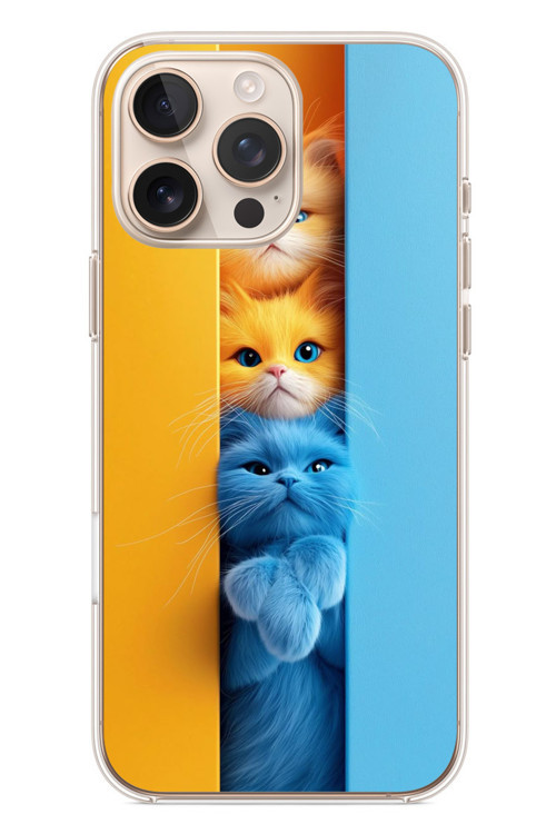 İphone 16 Pro Max Uyumlu Mavi Sarı Kediler Baskılı Silikon Kılıf