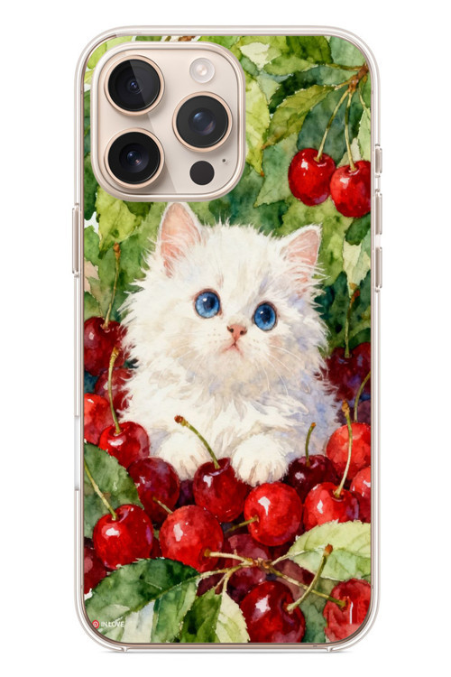 İphone 16 Pro Max Uyumlu Kirazlı Kedi Baskılı Silikon Kılıf