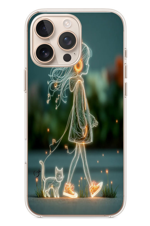 İphone 16 Pro Max Uyumlu Kedili Neon Kız Baskılı Silikon Kılıf