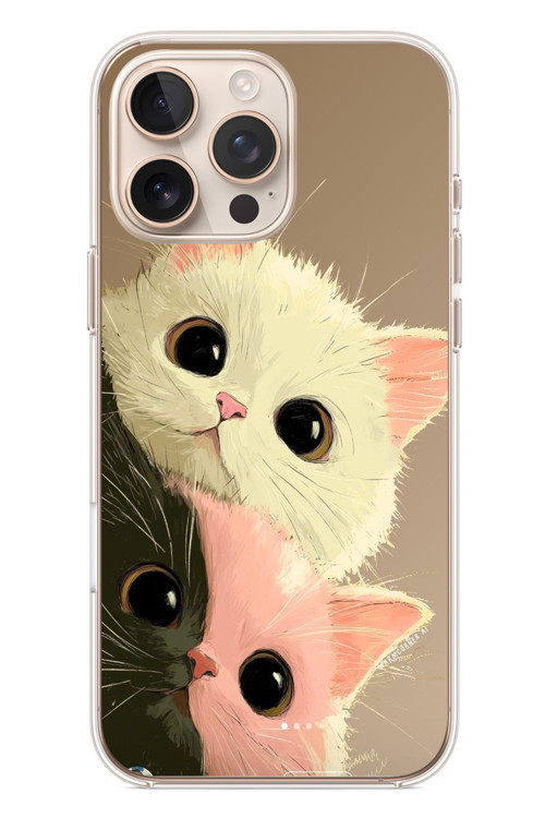 İphone 16 Pro Max Uyumlu Pembe Siyah Beyaz Kedi Baskılı Silikon Kılıf