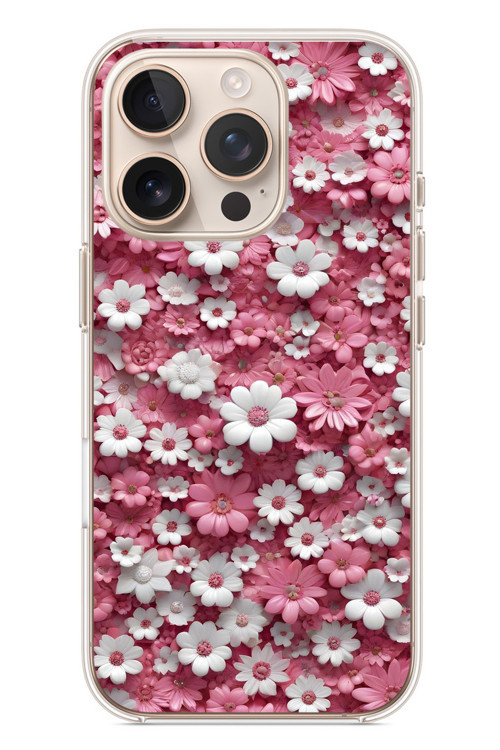 İphone 16 Pro Uyumlu Beyaz Pembe Papatyalar Baskılı Silikon Kılıf