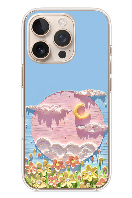 İphone 16 Pro Uyumlu Çiçekli Ay Baskılı Silikon Kılıf