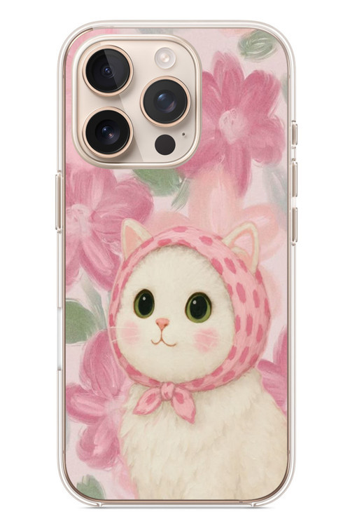 İphone 16 Pro Uyumlu Pembe Örtülü Kedi Baskılı Silikon Kılıf