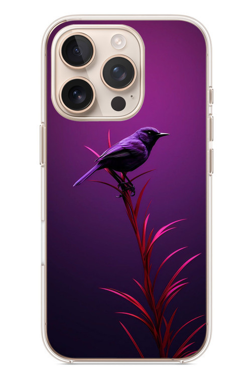 İphone 16 Pro Uyumlu Mor Kuş Dalda Baskılı Silikon Kılıf