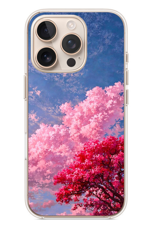 İphone 16 Pro Uyumlu Kırmızı Pembe Ağaçlar Baskılı Silikon Kılıf