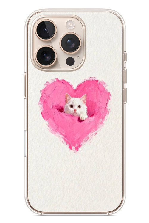 İphone 16 Pro Uyumlu Pembe Kalpli Kedi Baskılı Silikon Kılıf