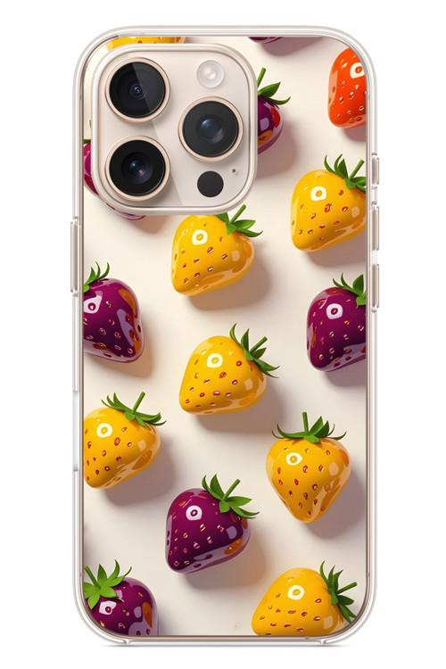 İphone 16 Pro Uyumlu Sarı Kırmızı Çilekler Baskılı Silikon Kılıf