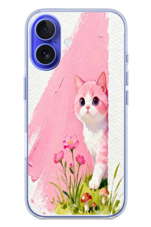 İphone 16 Uyumlu Pembeli Kedi Baskılı Silikon Kılıf