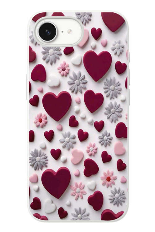 İphone 16e Uyumlu Kırmızı ve Pembe Kalpler Baskılı Silikon Kılıf