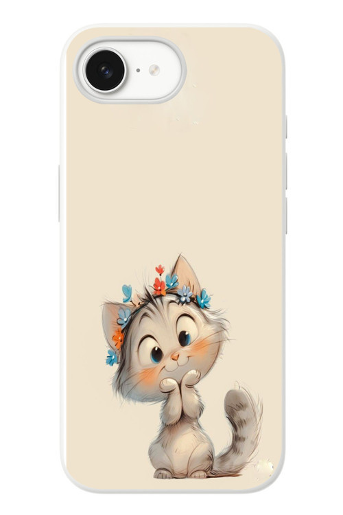 İphone 16e Uyumlu Sevimli Çiçekli Kedi Baskılı Silikon Kılıf