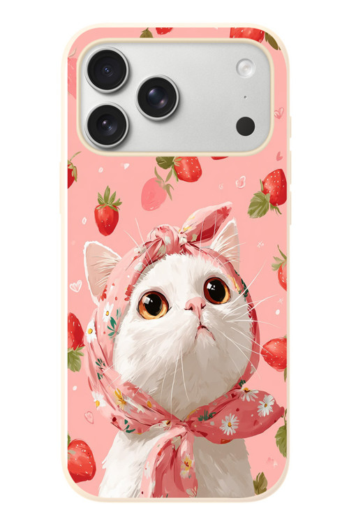 İphone 17 Pro Max Uyumlu Örtülü Kedi Çilekli Baskılı Silikon Kılıf