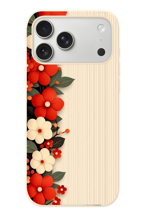 İphone 17 Pro Max Uyumlu Kırmızı Beyaz Çiçekler Baskılı Silikon Kılıf