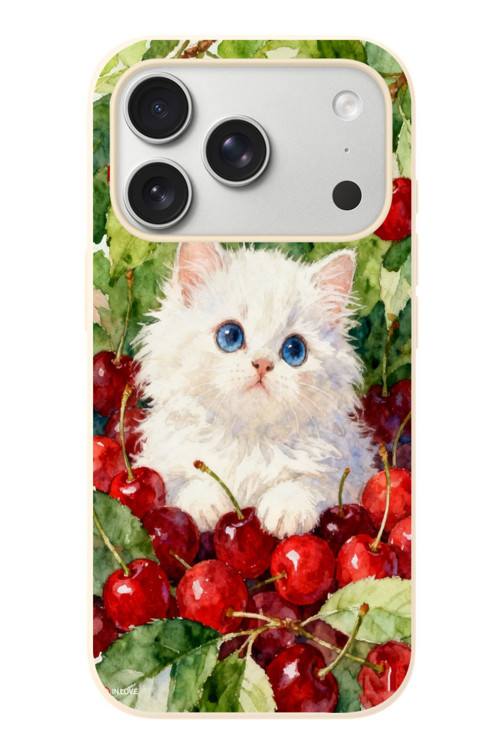 İphone 17 Pro Uyumlu Kirazlı Kedi Baskılı Silikon Kılıf