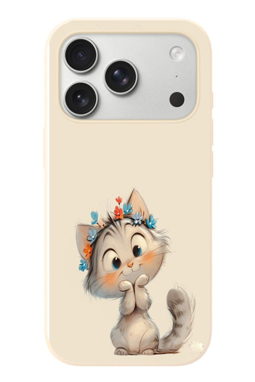 İphone 17 Pro Uyumlu Sevimli Çiçekli Kedi Baskılı Silikon Kılıf