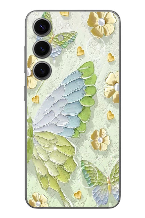 Samsung Galaxy S24 Uyumlu Yeşil Mavi Kelebek Baskılı Silikon Kılıf