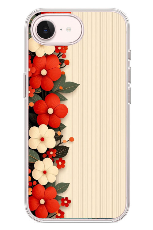İphone 17e Uyumlu Kırmızı Beyaz Çiçekler Baskılı Silikon Kılıf