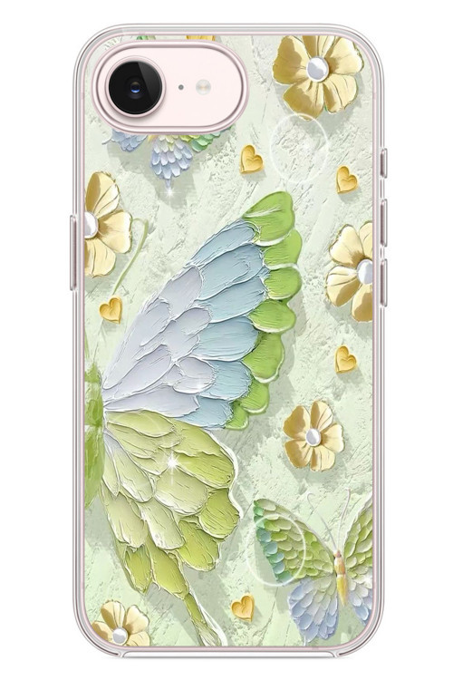 İphone 17e Uyumlu Yeşil Mavi Kelebek Baskılı Silikon Kılıf