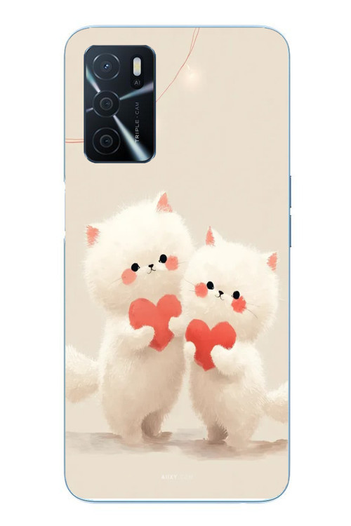 Oppo A16 Uyumlu Kalpli Beyaz Kediler Baskılı Silikon Kılıf