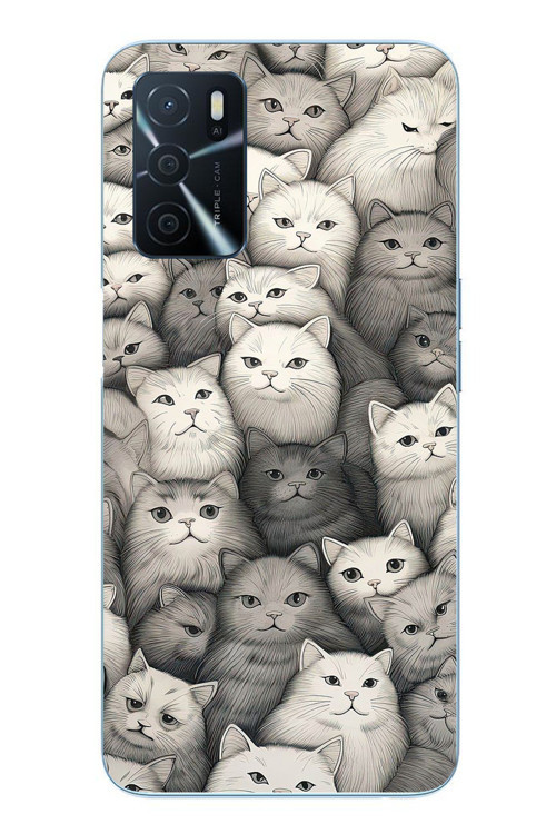 Oppo A16 Uyumlu Kara Kalem Kediler Baskılı Silikon Kılıf