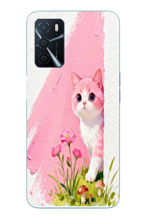 Oppo A16 Uyumlu Pembeli Kedi Baskılı Silikon Kılıf
