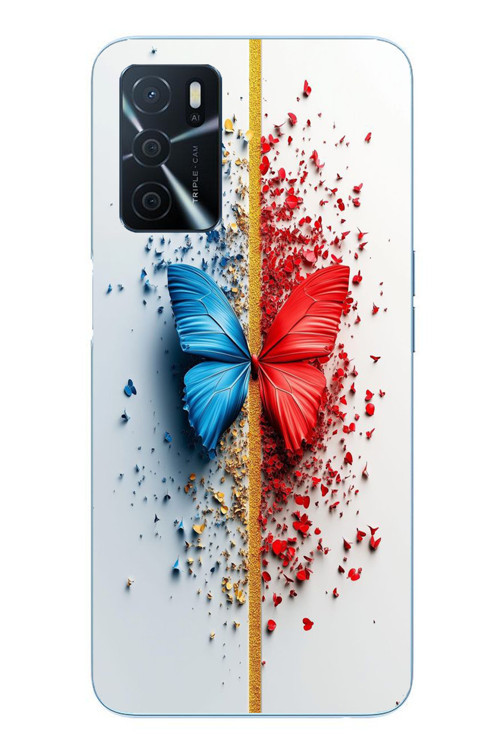 Oppo A16 Uyumlu Kırmızı Mavi Kelebek Baskılı Silikon Kılıf