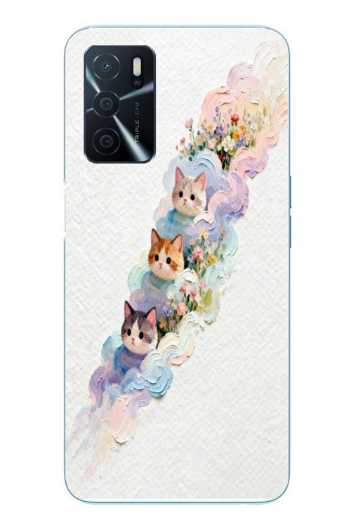 Oppo A16 Uyumlu Yağlı Boya Kediler Baskılı Silikon Kılıf