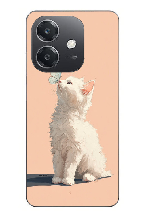 Oppo A3 Uyumlu Beyaz Kelebekli Kedi Baskılı Silikon Kılıf