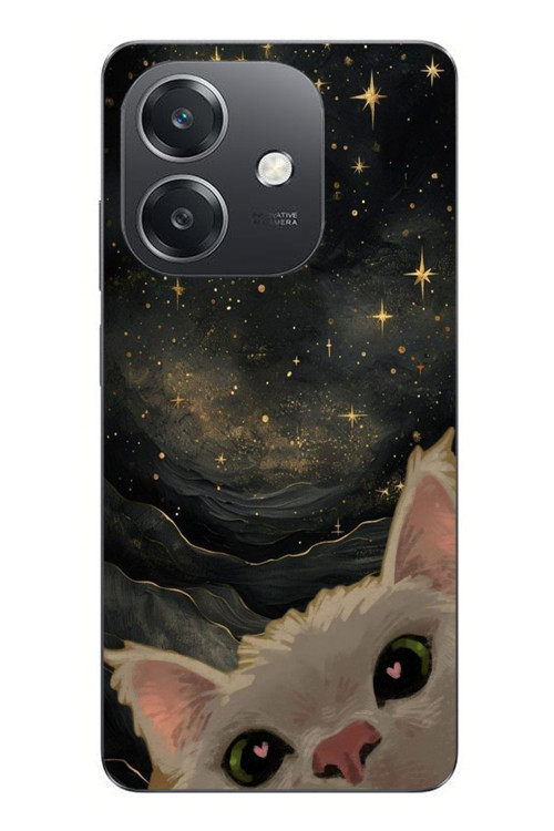 Oppo A3 Uyumlu Siyah Gökyüzülü Kedi Baskılı Silikon Kılıf