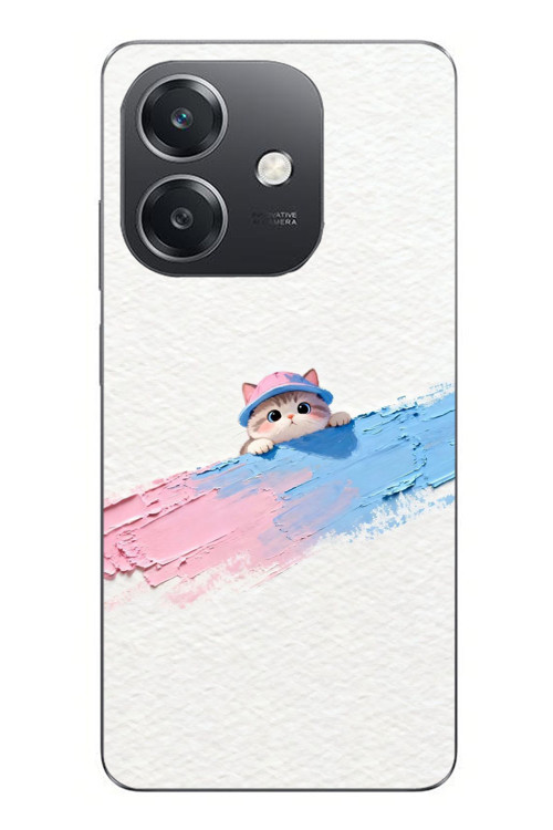 Oppo A3 Uyumlu Pembe Mavi Kedi Baskılı Silikon Kılıf