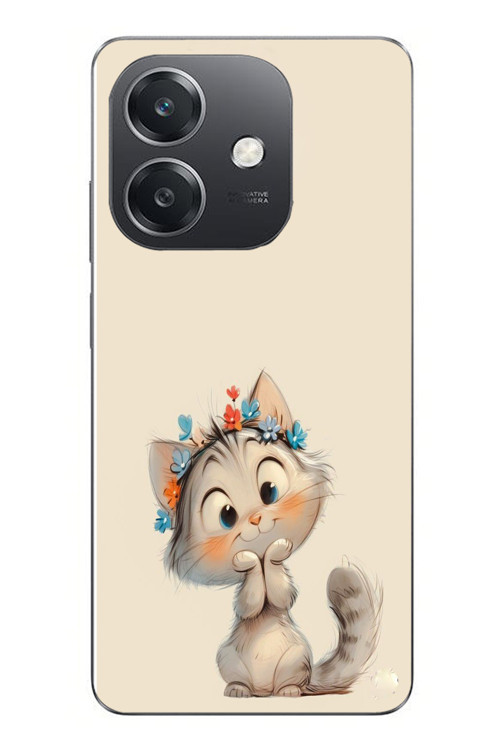 Oppo A3 Uyumlu Sevimli Çiçekli Kedi Baskılı Silikon Kılıf