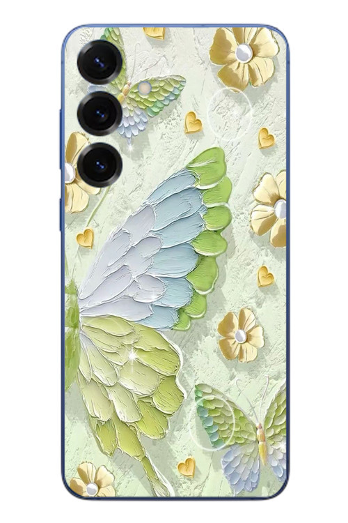 Samsung Galaxy S25 Plus Uyumlu Yeşil Mavi Kelebek Baskılı Silikon Kılıf