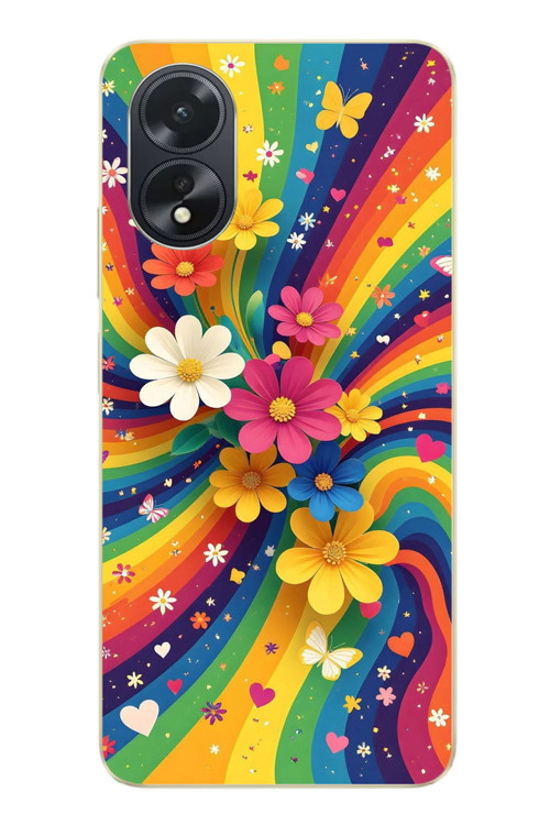 Oppo A38 Uyumlu Renkli Gökkuşağı Çiçekleri Baskılı Silikon Kılıf