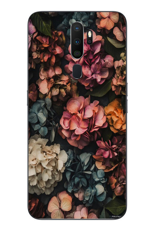 Oppo A5 2020 Uyumlu Koyu Çiçekler Baskılı Silikon Kılıf