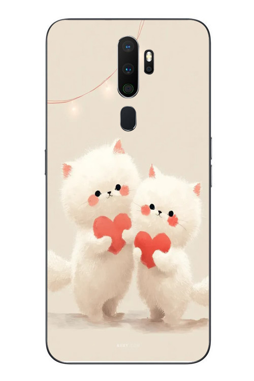 Oppo A5 2020 Uyumlu Kalpli Beyaz Kediler Baskılı Silikon Kılıf